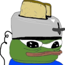 Pepe the frog wearing a silver toaster on his head with two slices of bread popping out.