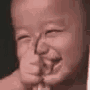 Baby giving a thumbs-up with a smug expression in a repeating, glitchy visual style.