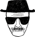 Walter White wearing a pork pie hat and sunglasses in a stylized line-art illustration.