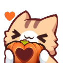 A cute cat character holding a heart-shaped pumpkin with a happy expression.