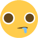 Yellow circular face with wide, blank eyes and a blue drop of drool leaking from the mouth.