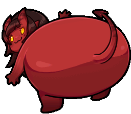 A cute red demon character with yellow eyes performing a rhythmic twerking dance in pixel art style.