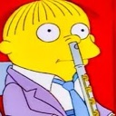 Ralph Wiggum from The Simpsons playing a silver flute through his nose with a blank expression.