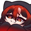 A stylized anime character with red and black hair wearing a hood, making a smug, cat-like facial expression.
