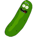 Pickle Rick with a wide, manic grin and bulging eyes.