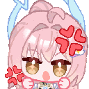 Chibi anime girl with pink hair and a blue halo displaying various expressions of intense anger with red vein symbols.