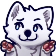 A white wolf character with blue eyes shrugging with its paws raised.