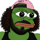 Pepe the frog with curly hair, a pink baseball cap, and a nose ring looking forward with a neutral expression.