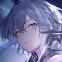 Character with blue hair and yellow eyes looking sideways with a calm, smug expression.