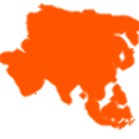Asia continent silhouette in bright orange against a black background.
