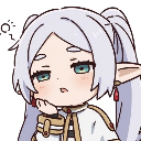 Frieren with white hair and pointed ears resting her chin on her hand with an unimpressed, bored expression.