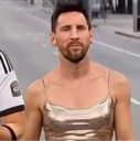Lionel Messi wearing a shimmering gold dress with a serious expression.