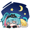 Anime girl with teal hair sleeping peacefully with a small black cat on her head under a night sky with a crescent moon.