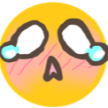 Yellow emoji face with large teary eyes and bright pink blushing cheeks looking flustered.