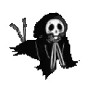 A small skeletal reaper lying on its stomach with a relaxed expression.