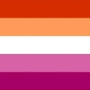 Lesbian pride flag consisting of horizontal stripes in shades of red, orange, white, pink, and purple.