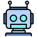 Robot head with a blue face and glowing cyan eyes.