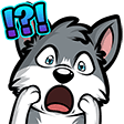 A gray wolf cub with wide eyes and an open mouth looking shocked with blue question marks and exclamation points above its h…