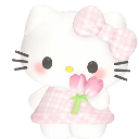 Hello Kitty holding a small bouquet of pink tulips while wearing a matching pink dress and bow.