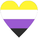 Heart shape filled with yellow, white, purple, and black horizontal stripes.