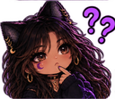 Anime cat girl with dark hair and cat ears touching her chin in a thinking pose with purple question marks floating above he…