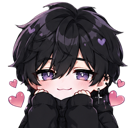Anime boy with dark hair and purple eyes resting his chin on his hands surrounded by floating pink hearts.