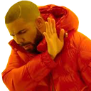 Man in a red jacket turning his head away with his hand raised in a gesture of refusal.