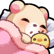 A cute brown bear and a small yellow chick sleeping peacefully together under a pink blanket.