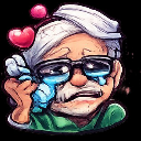 An elderly man with glasses crying with blue tears while floating pink hearts appear around his head.