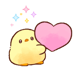 A small yellow chick holding a pink heart with colorful sparkles floating above its head.
