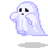 A small pink pixel art ghost with a shy expression floating above a gray shadow.