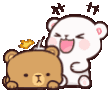 A white bear playfully poking and bothering a stoic brown bear with a small yellow object.