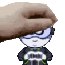 A human hand gently patting the head of a small cartoon character.