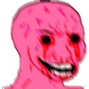 A distorted pink Wojak face with bleeding black eyes and a manic grin representing intense panic.