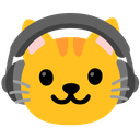 A yellow cat face wearing large gray headphones with a happy expression.