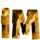The letters i and M rendered in a shiny 3D gold metallic texture against a black background.