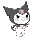 Kuromi with a smug expression and arms crossed, wearing her signature black hood with a pink skull.