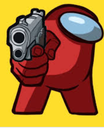 Red Among Us crewmate holding a silver handgun against a yellow background.