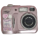 A pink digital camera decorated with heart and bunny stickers.
