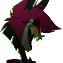 Alastor from Hazbin Hotel laughing with a dark, sinister expression in a pixel art style.
