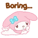 My Melody the rabbit lying down with a bored expression and the word Boring written above her head.