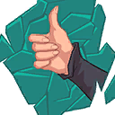 Hand giving a thumbs up gesture against a shattered teal background.