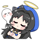 Yangyang from Wuthering Waves sleeping peacefully with a small white ghost floating above her head.