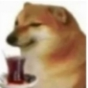 Cheems the Shiba Inu looking smug while holding a small glass of tea.