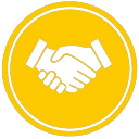 Handshake icon in black silhouette centered on a solid yellow circle background.