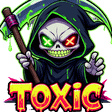 Grim reaper with glowing green and red eyes holding a scythe above the word toxic in dripping yellow letters.