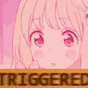 Restia Ashdoll with a pink-tinted filter and the word TRIGGERED written in a brown box below.