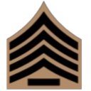 A military chevron insignia representing the rank of Sergeant First Class.