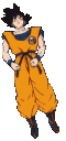 Goku in his orange gi performs a rhythmic hopping dance in pixel art style.