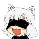 A chibi cat-girl with white hair and a black blindfold laughing with a wide, mischievous grin.